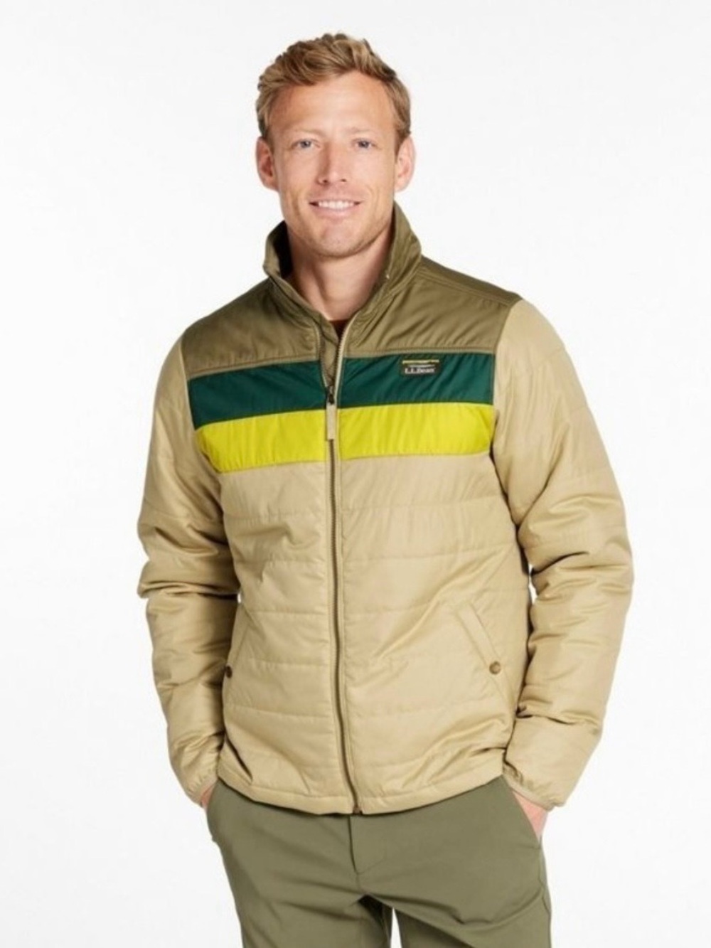 LL Bean men’s medium sandstone tan lightweight puffer jacket outdoor hiking fall